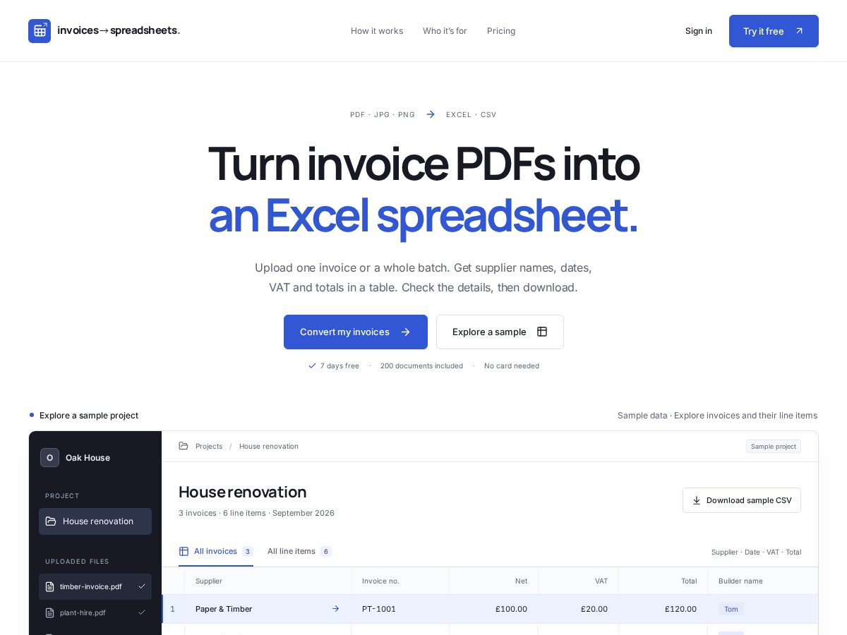 Landing-page snapshot of invoicestospreadsheets.com