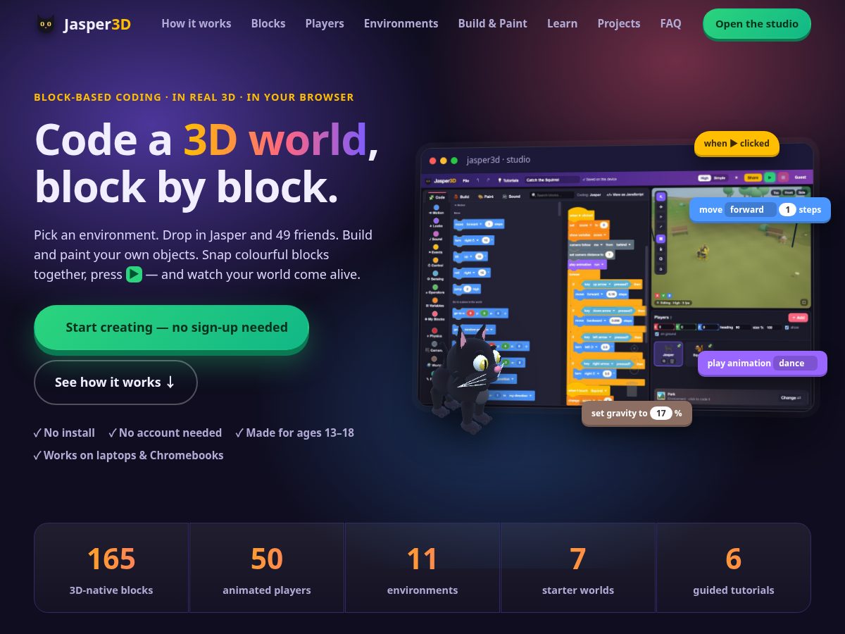 Landing-page snapshot of jasper3dworld.com