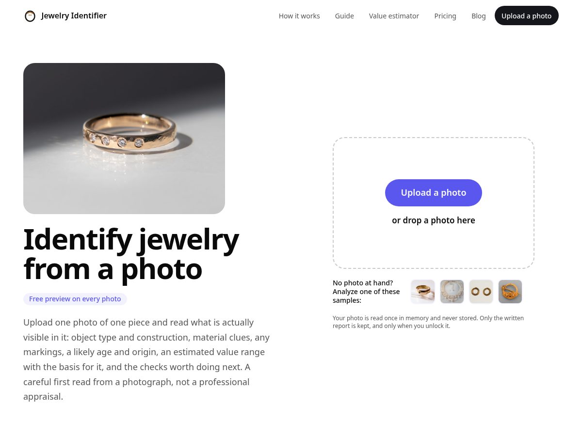 Landing-page snapshot of jewelryanalyzer.com