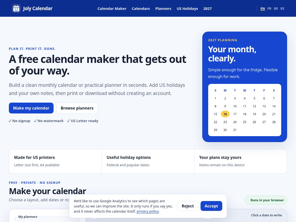 Landing-page snapshot of jolycalendar.com