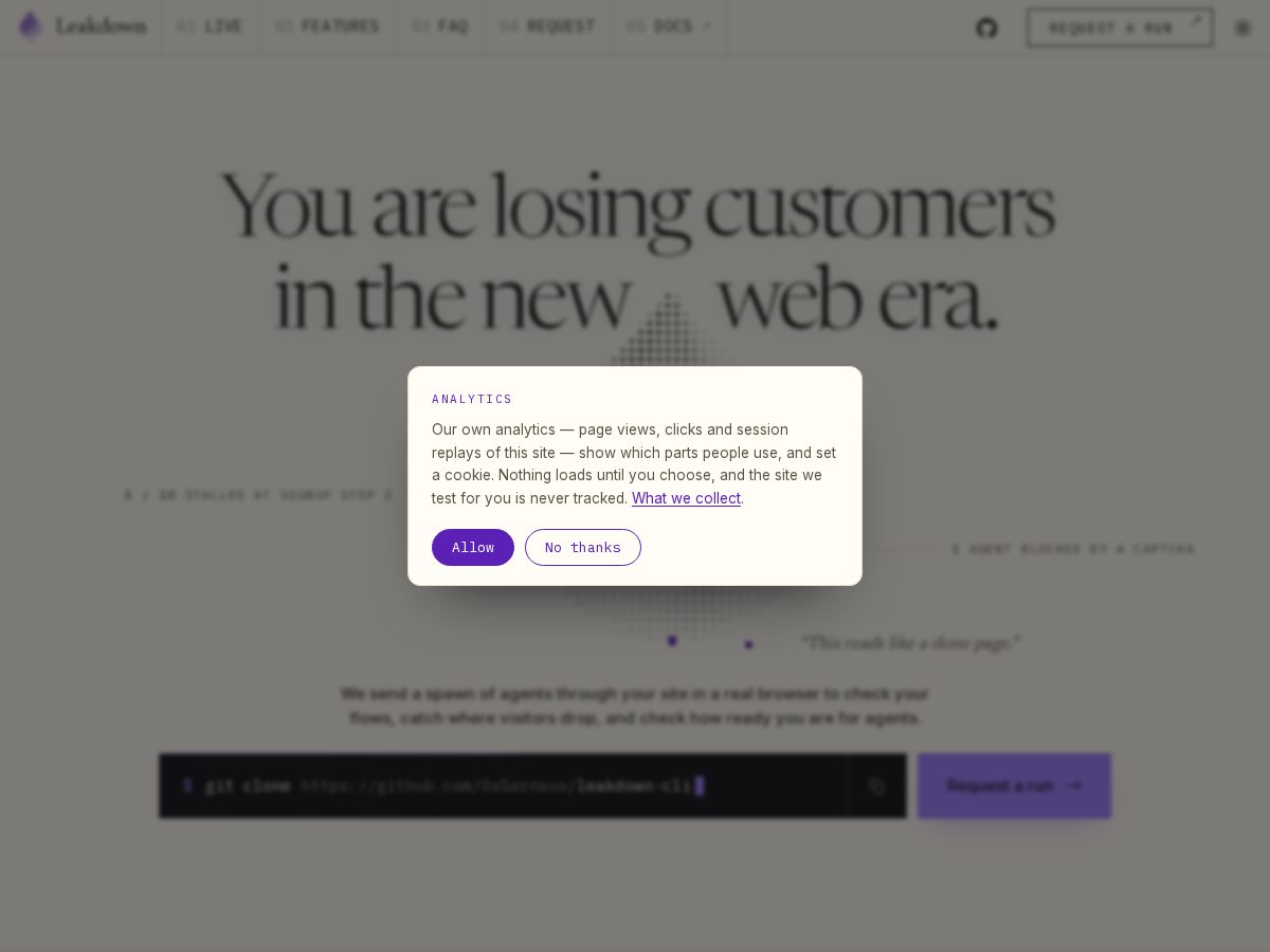 Landing-page snapshot of leakdown.dev
