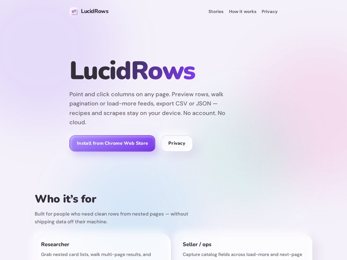 Landing-page snapshot of lucidrows.com