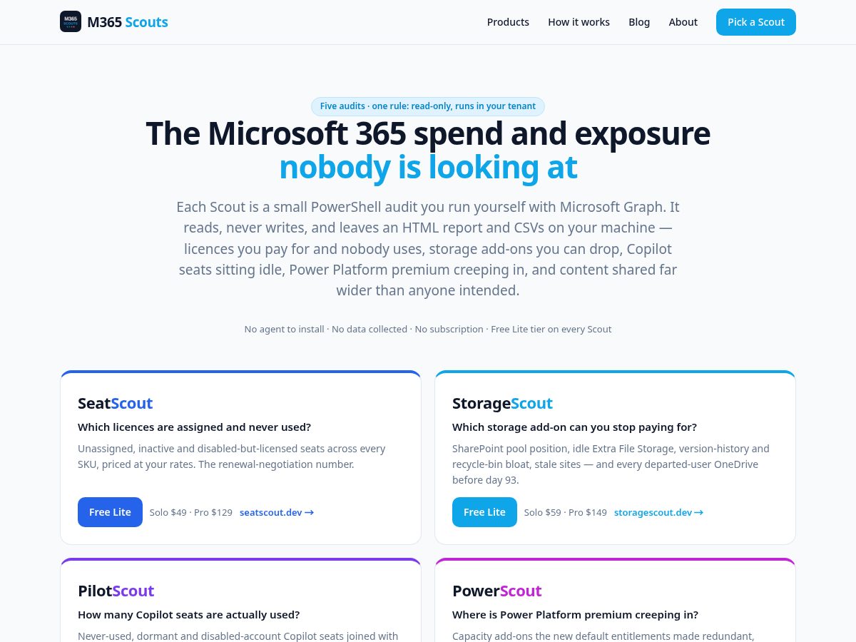 Landing-page snapshot of m365scouts.dev
