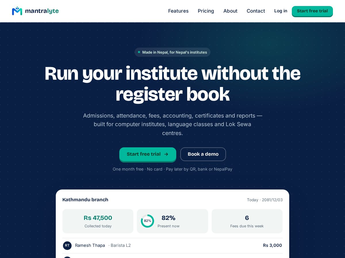Landing-page snapshot of mantralyte.com