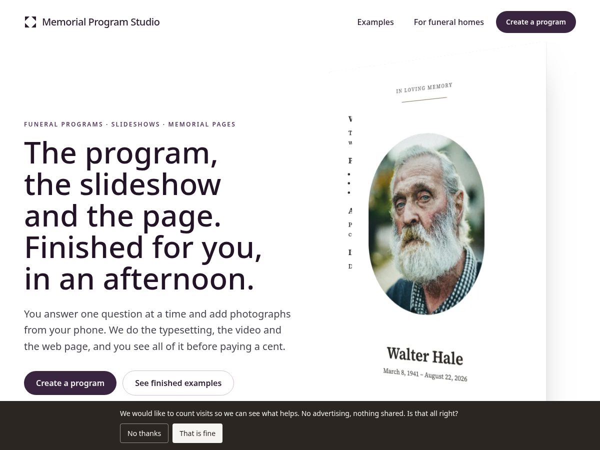 Landing-page snapshot of memorialprogramstudio.com