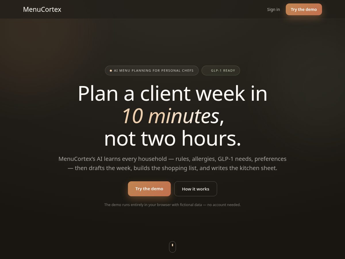 Landing-page snapshot of menucortex.com