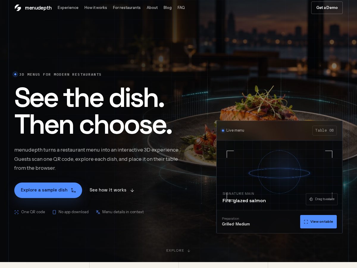 Landing-page snapshot of menudepth.com