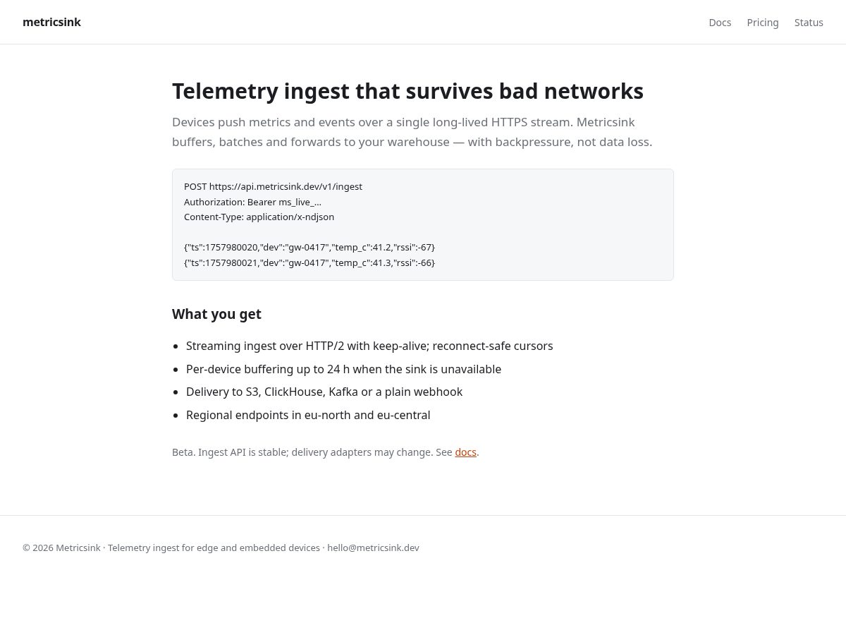 Landing-page snapshot of metricsink.dev
