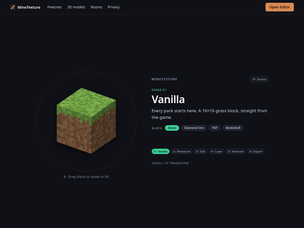 Landing-page snapshot of minetexture.xyz