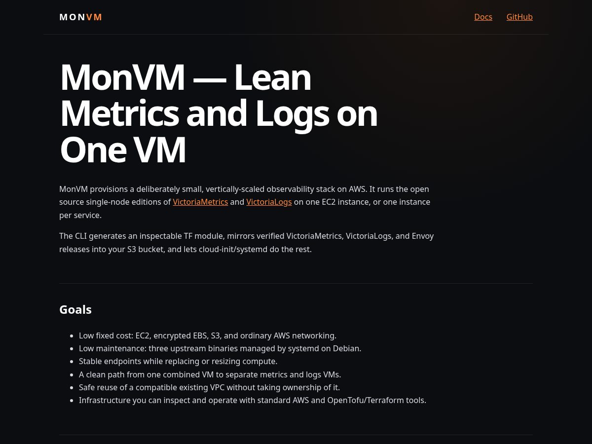 Landing-page snapshot of monvm.dev