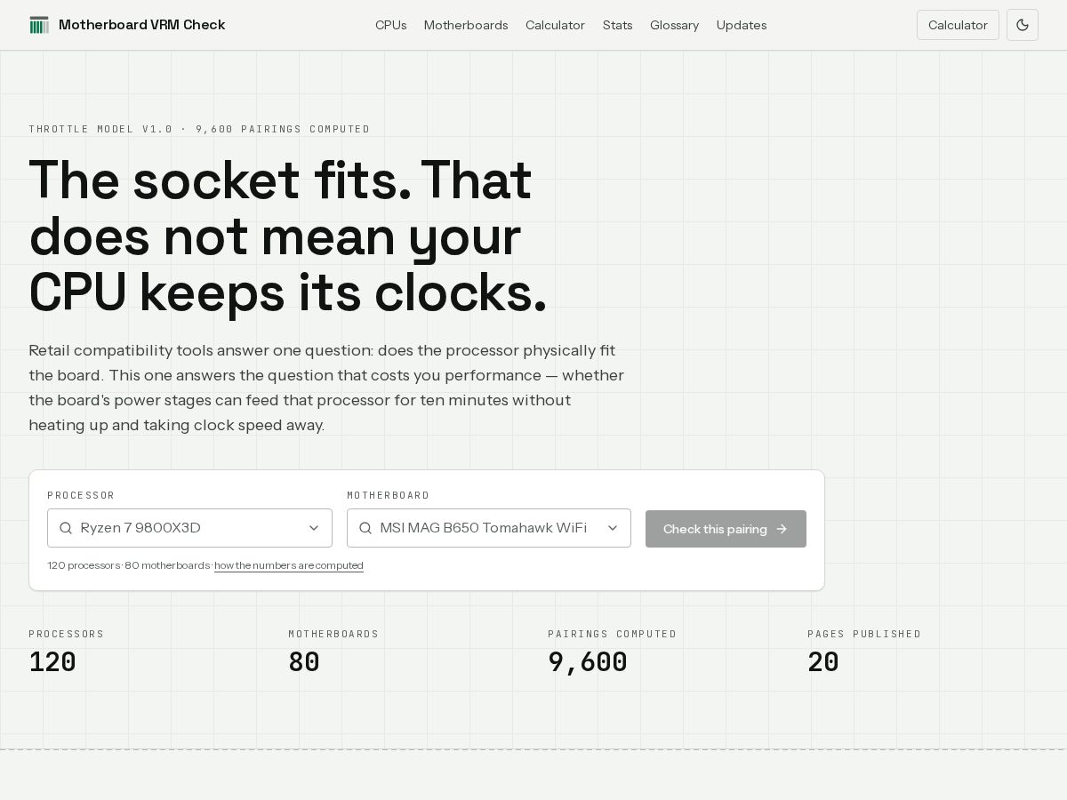 Landing-page snapshot of motherboardvrmchecker.com