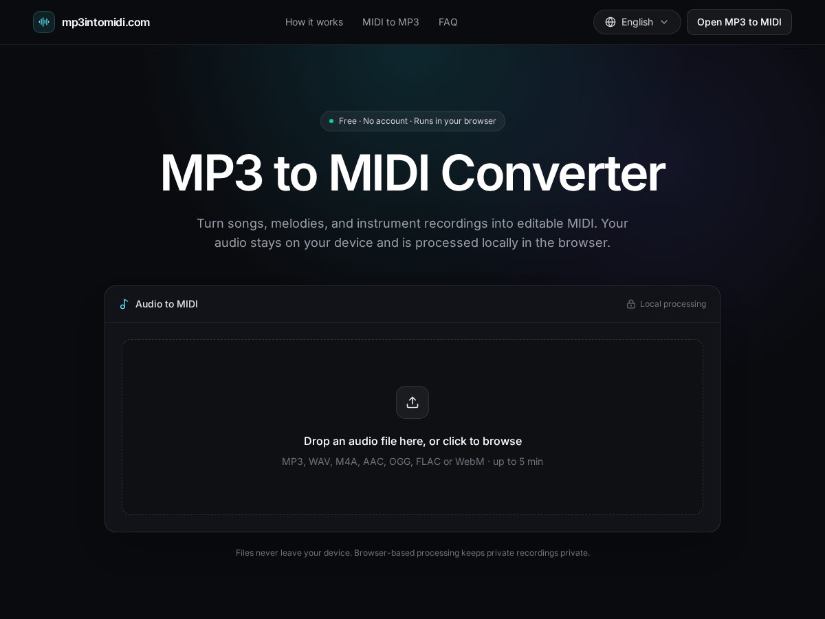 Landing-page snapshot of mp3intomidi.com