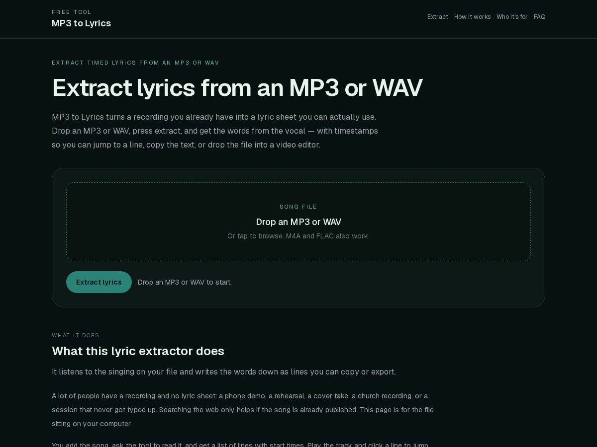 Landing-page snapshot of mp3tolyrics.com