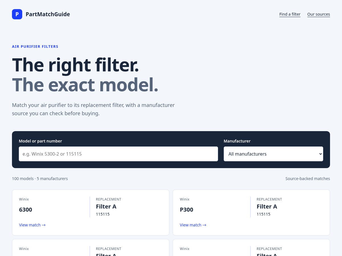 Landing-page snapshot of partmatchguide.com