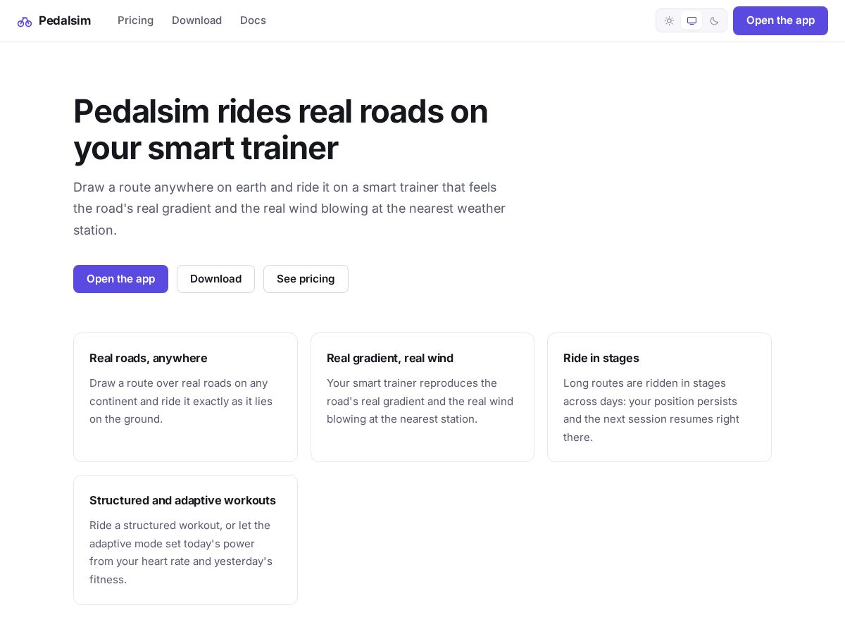 Landing-page snapshot of pedalsim.com