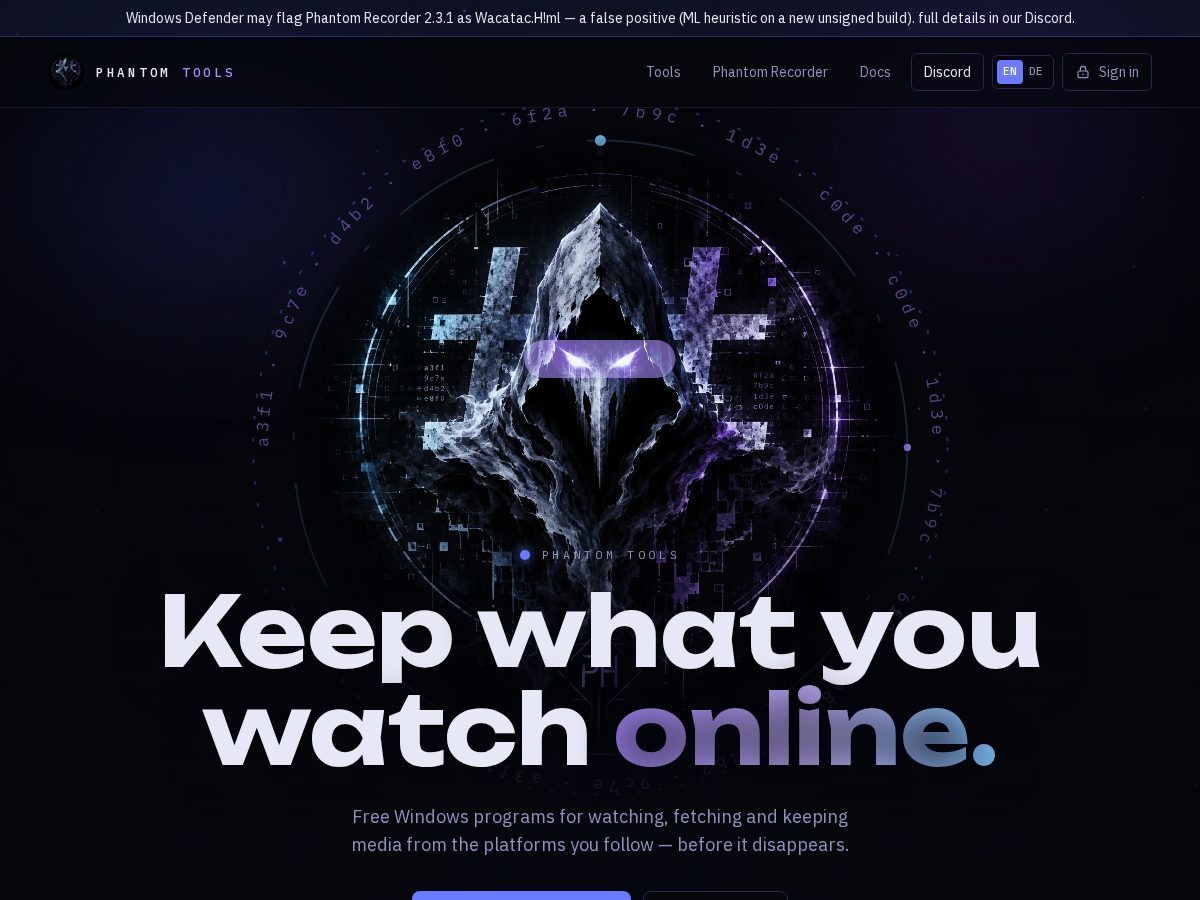 Landing-page snapshot of phantomtools.dev