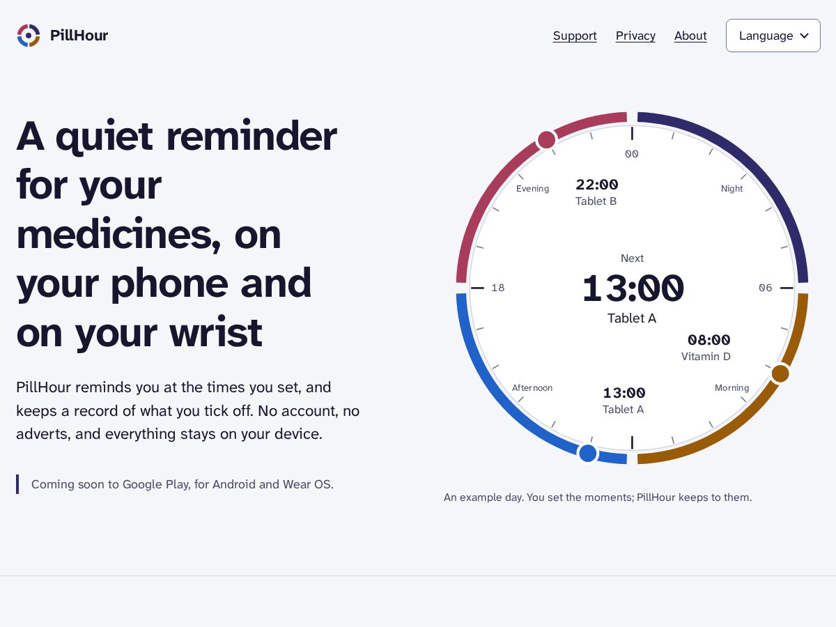 Landing-page snapshot of pillhour.com