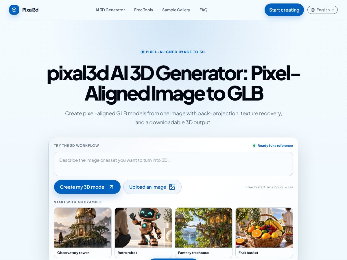 Landing-page snapshot of pixal3d.info