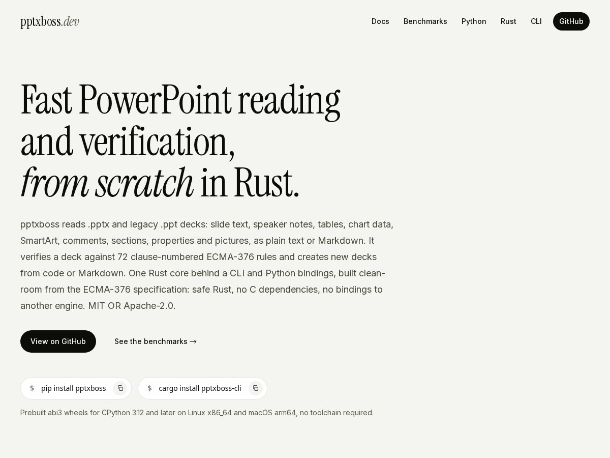 Landing-page snapshot of pptxboss.dev
