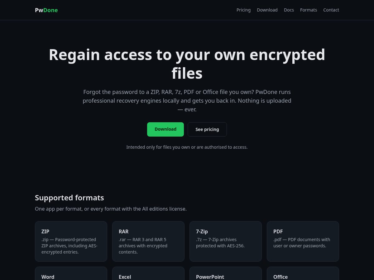Landing-page snapshot of pwdone.com