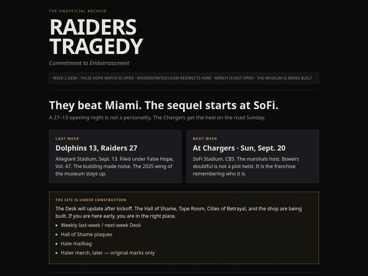 Landing-page snapshot of raiderstragedy.com