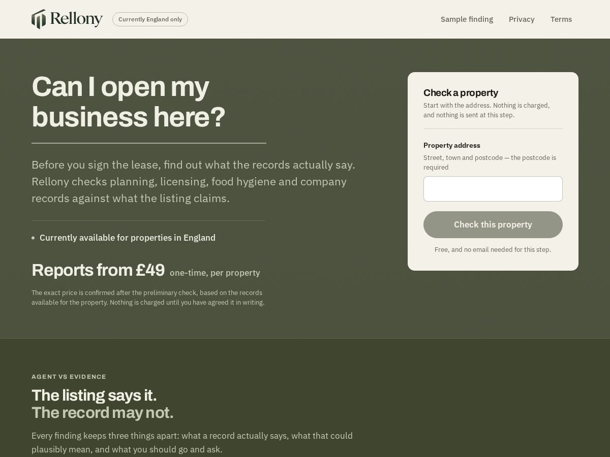 Landing-page snapshot of rellony.com