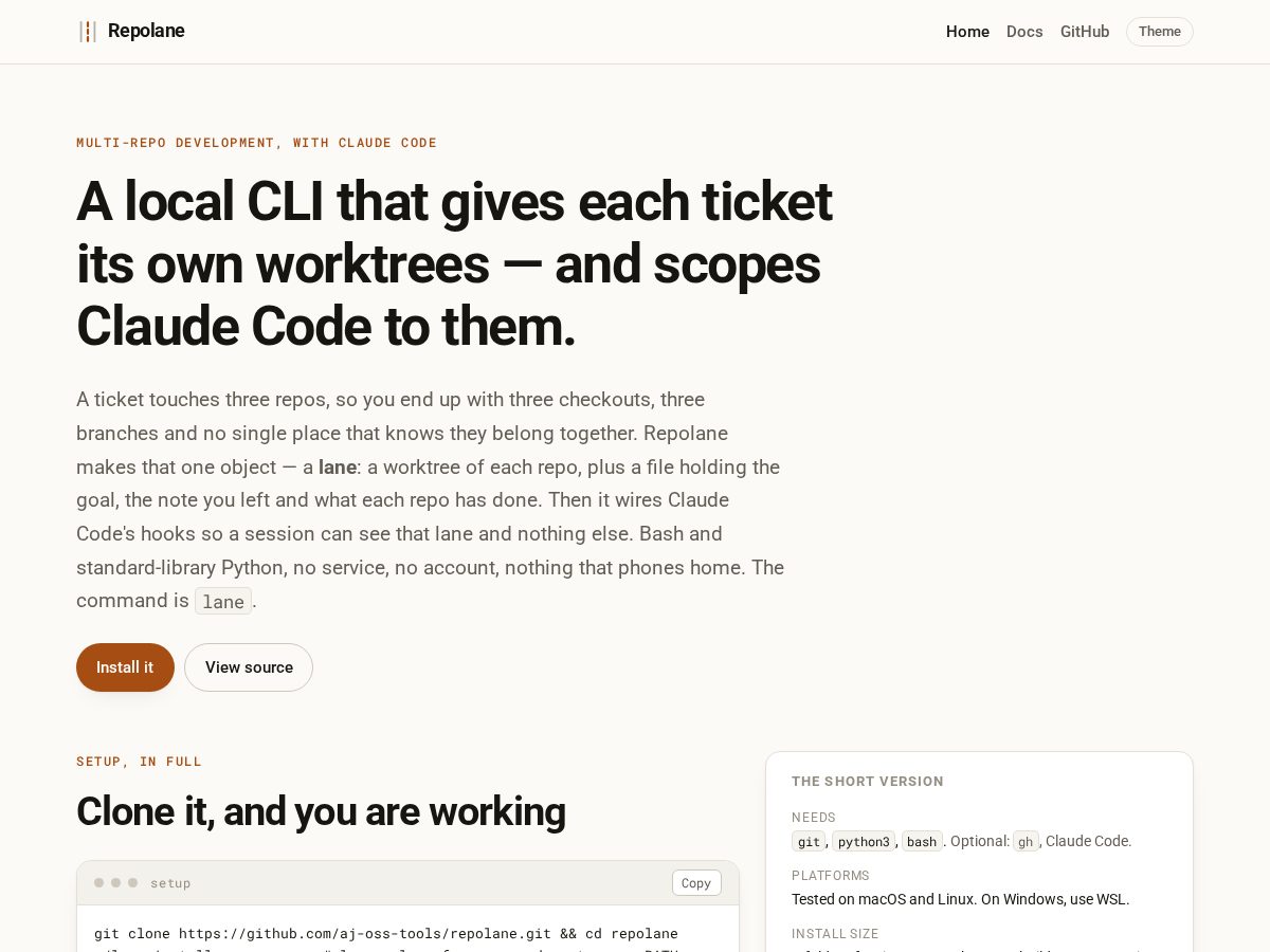 Landing-page snapshot of repolane.dev