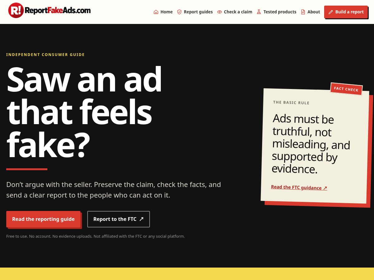 Landing-page snapshot of reportfakeads.com