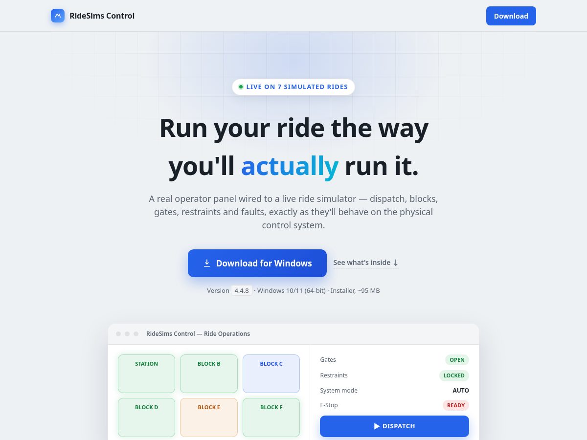 Landing-page snapshot of ridesimsoperations.com