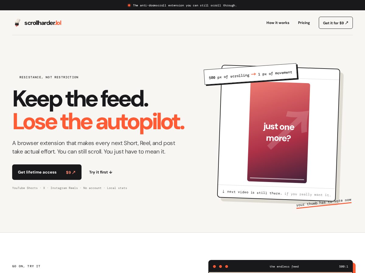 Landing-page snapshot of scrollharder.lol
