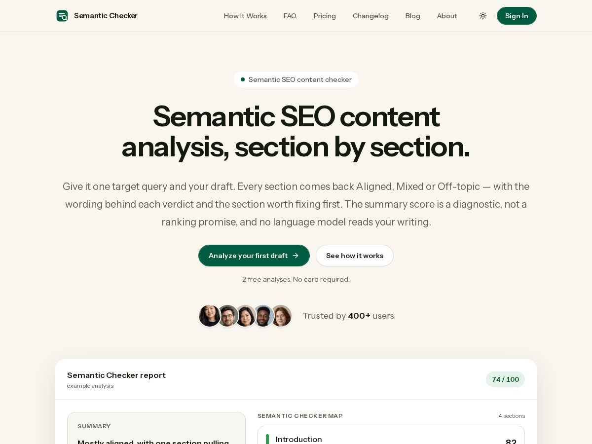 Landing-page snapshot of semanticchecker.com