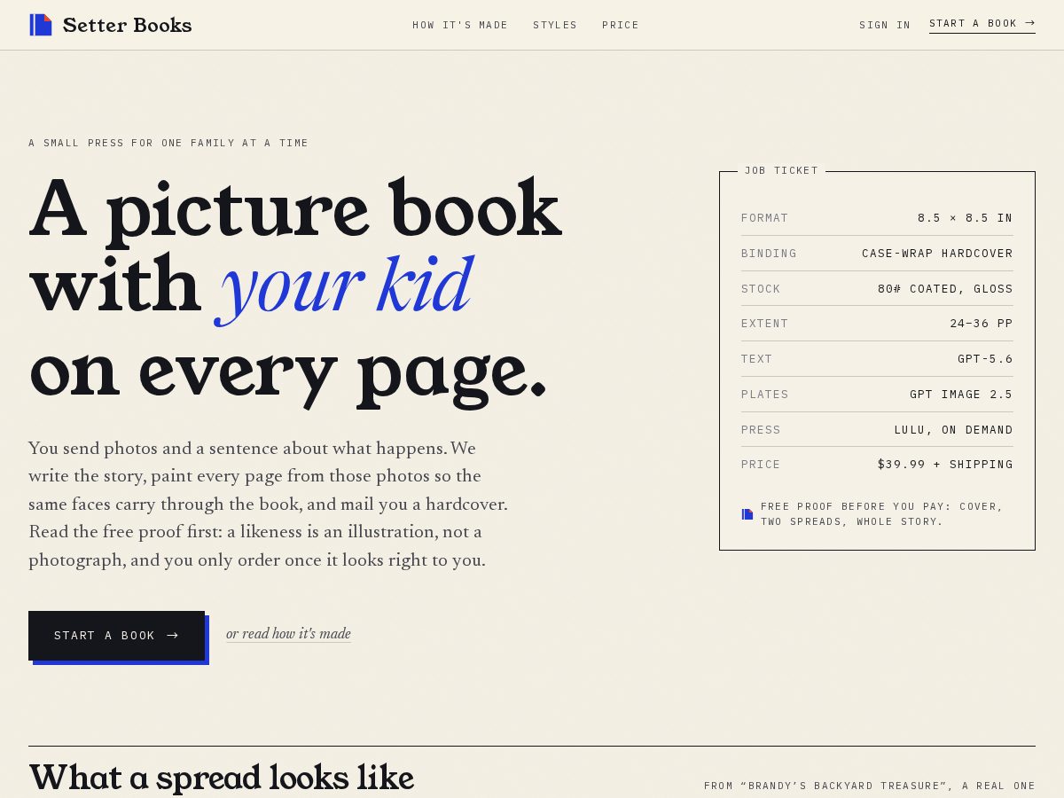 Landing-page snapshot of setterbooks.com