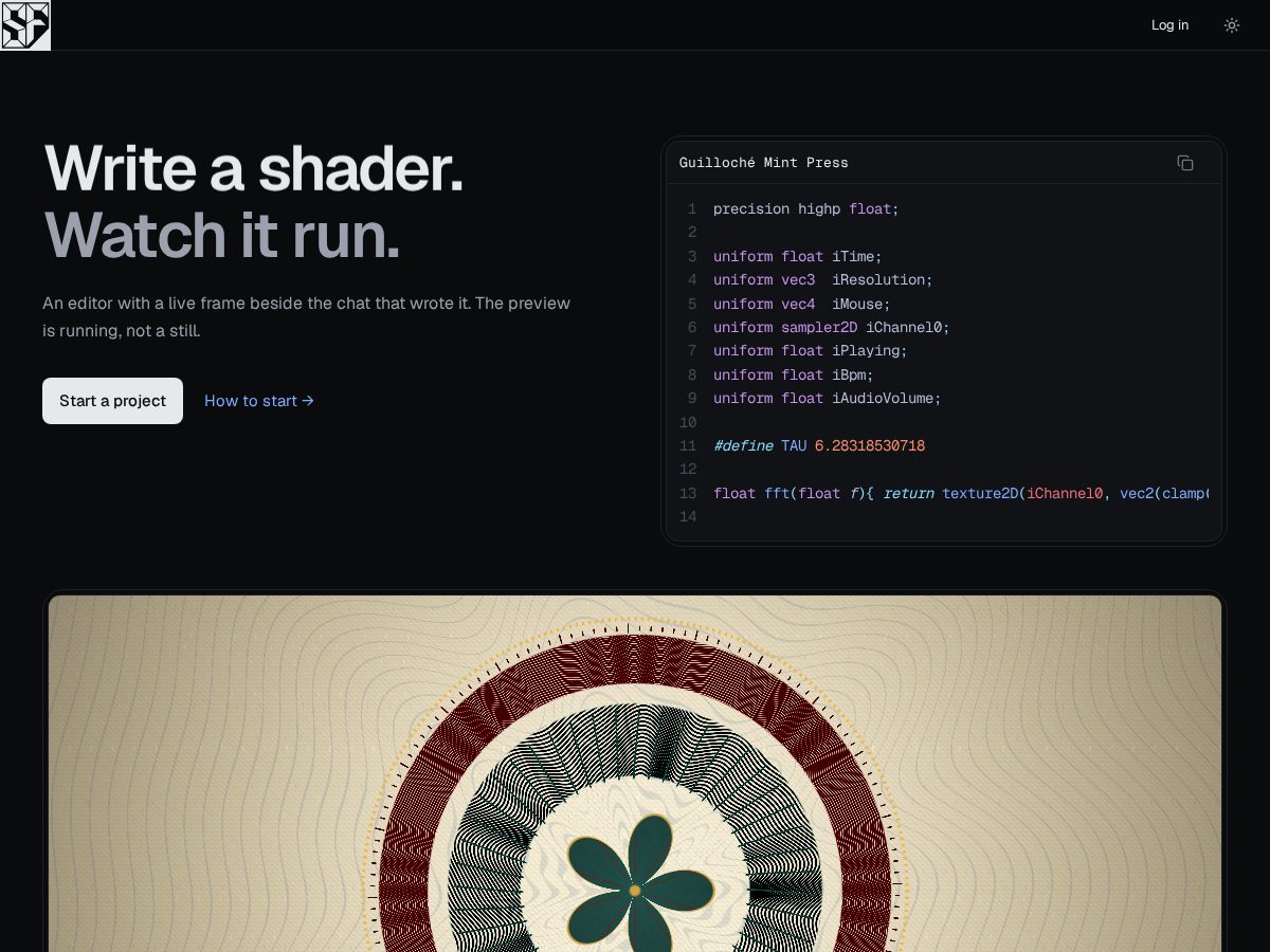 Landing-page snapshot of shaderforge.dev
