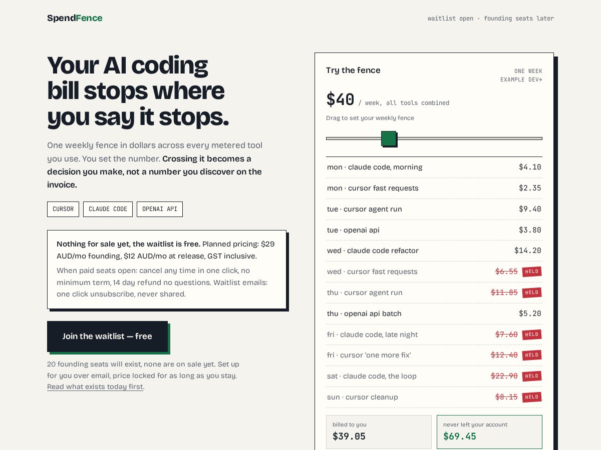 Landing-page snapshot of spendfence.dev