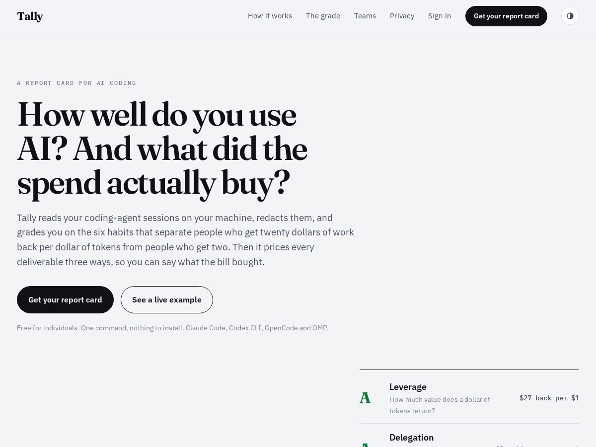 Landing-page snapshot of tally.report