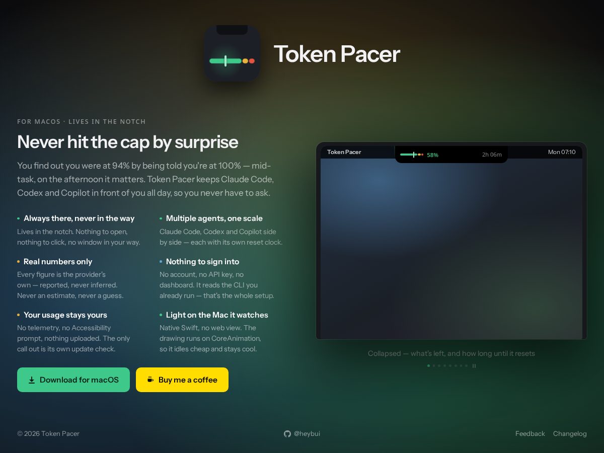Landing-page snapshot of tokenpacer.com