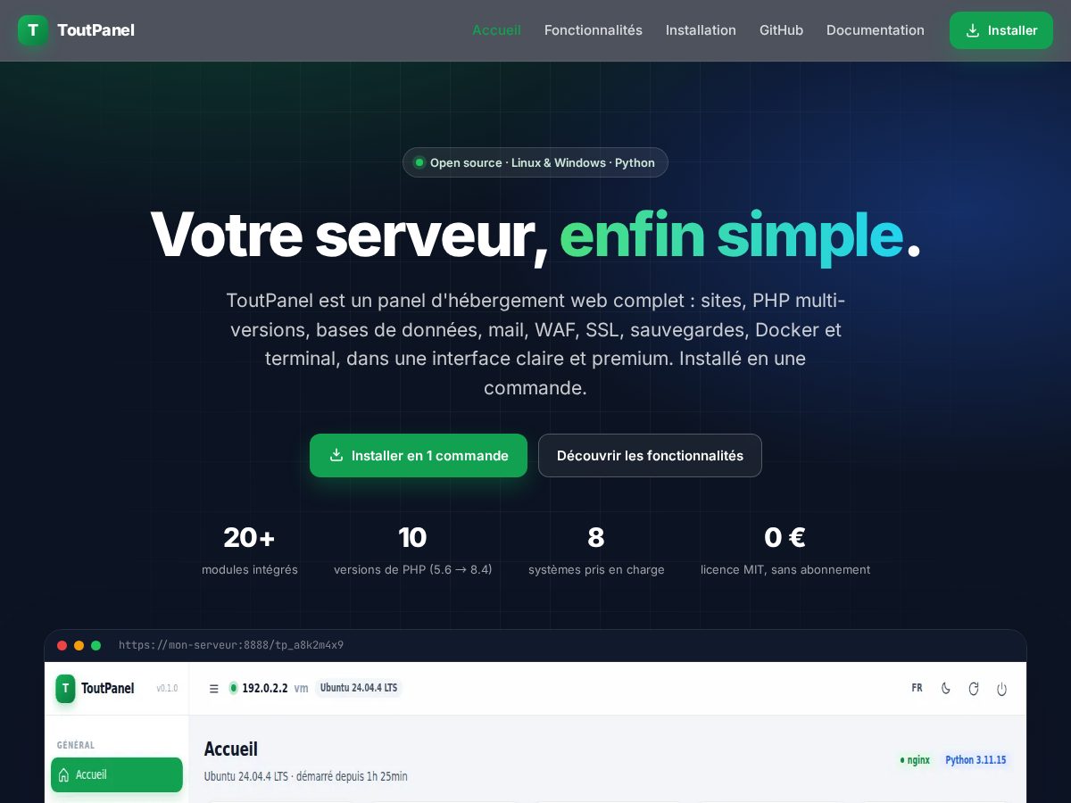 Landing-page snapshot of toutpanel.com