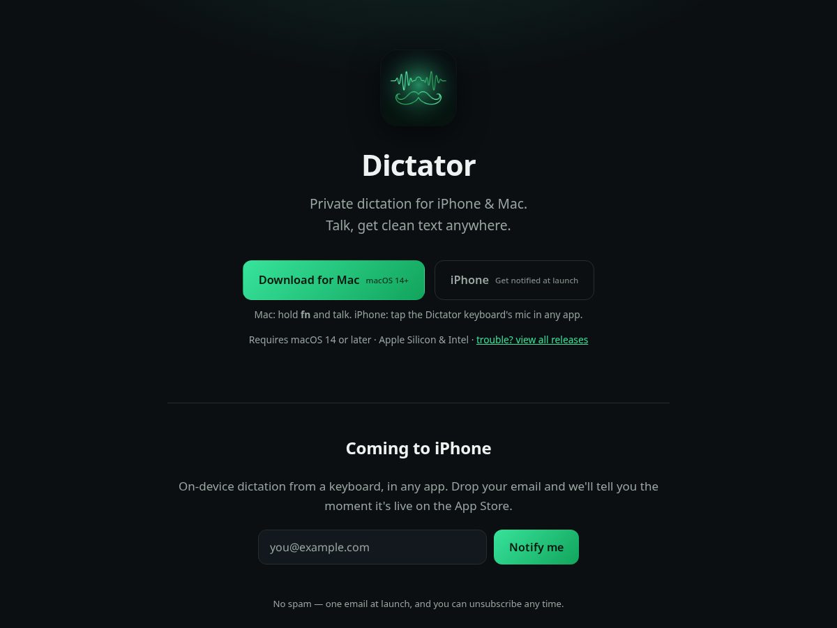 Landing-page snapshot of trydictator.com