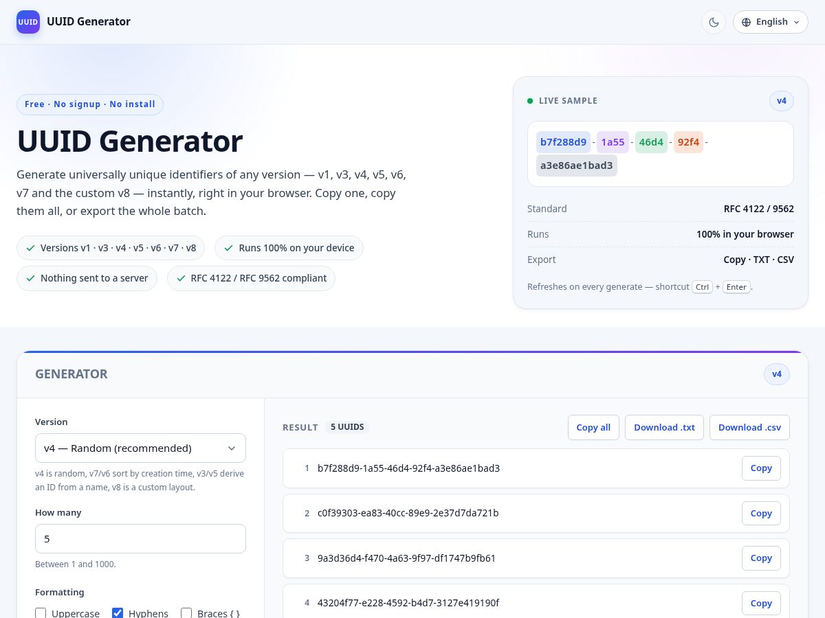 Landing-page snapshot of uuidgenerate.com