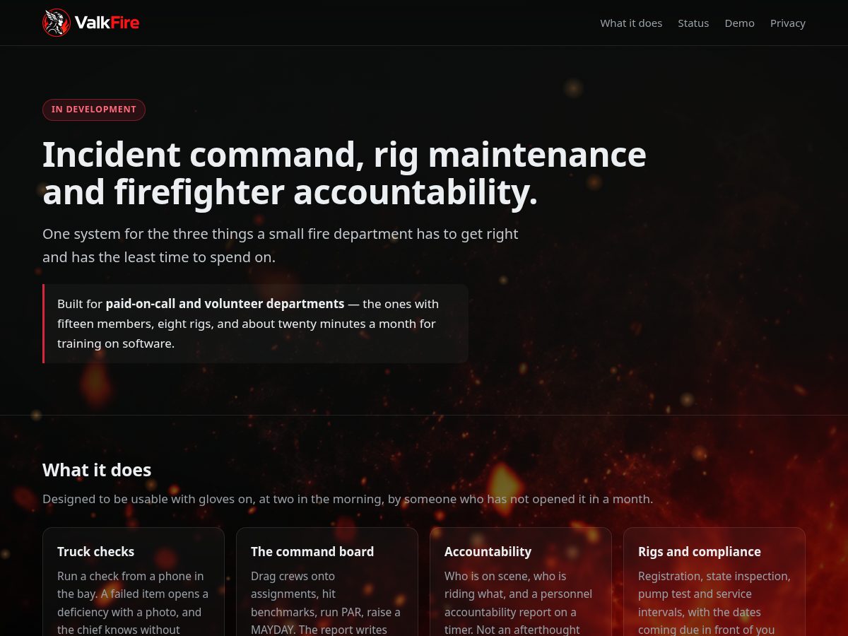 Landing-page snapshot of valkfire.com