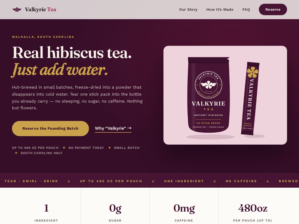 Landing-page snapshot of valkyrietea.com