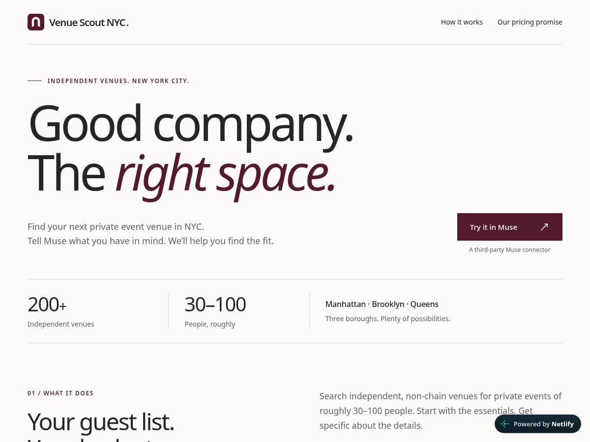 Landing-page snapshot of venuescoutnyc.com