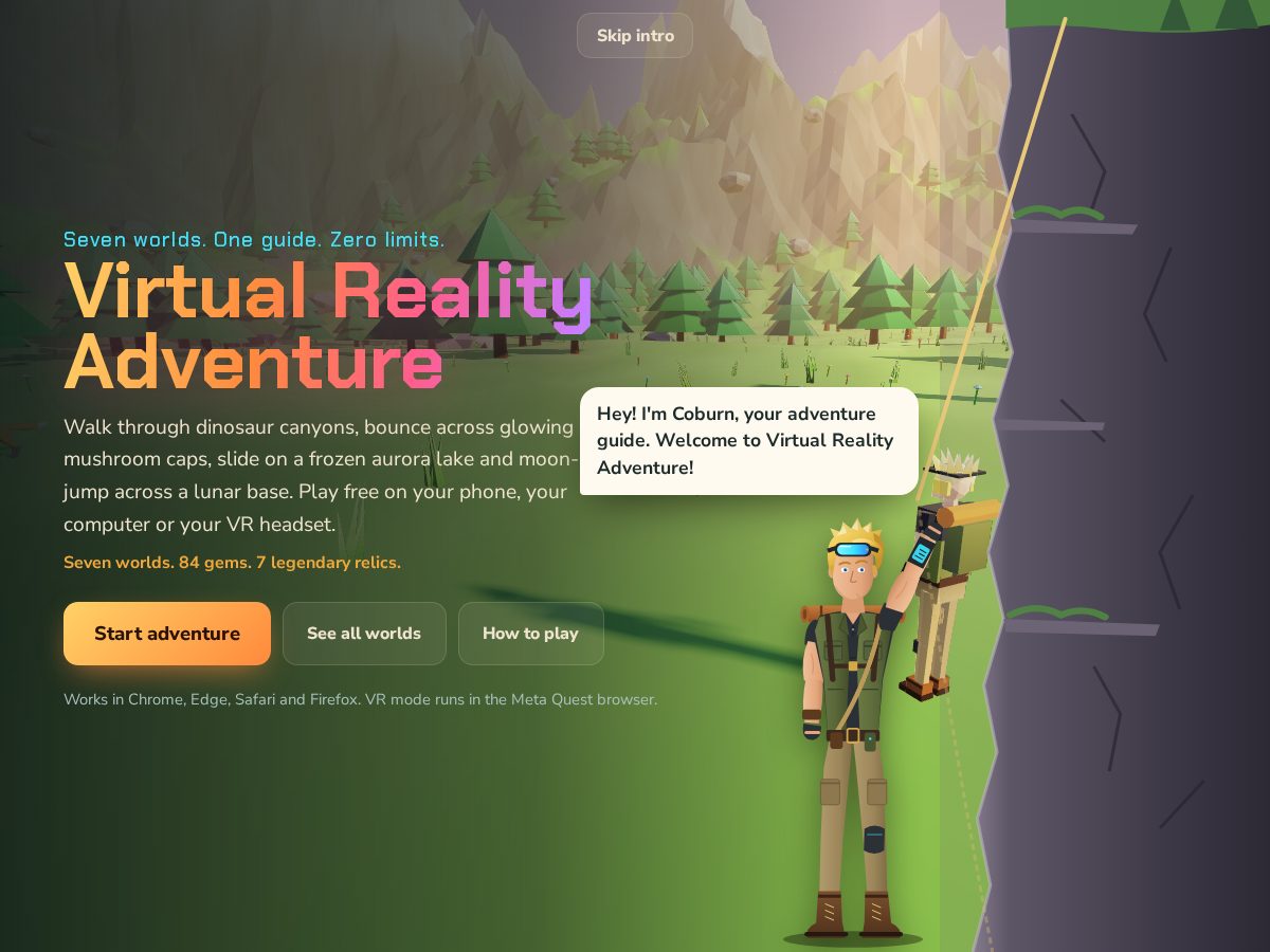 Landing-page snapshot of virtualrealityadventure.com