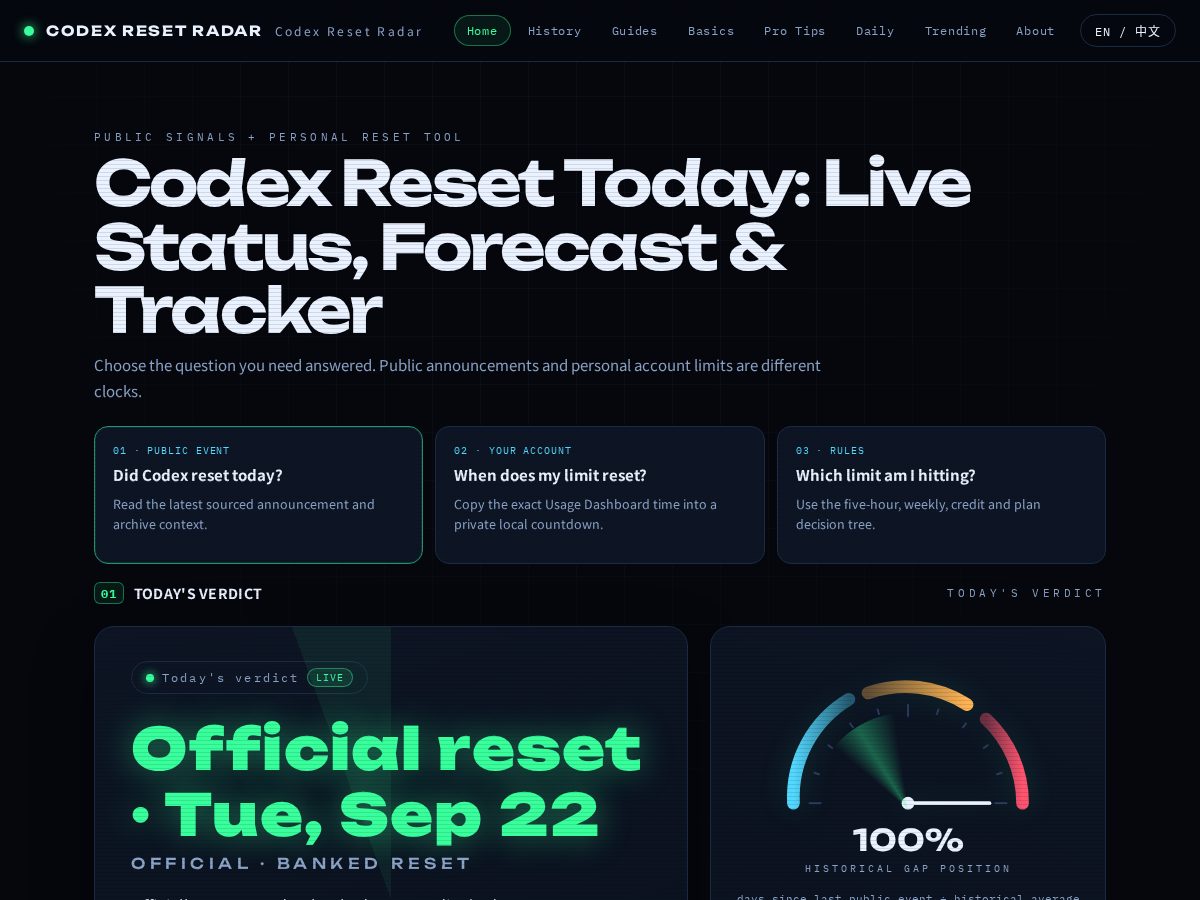 Landing-page snapshot of whendoescodexreset.com