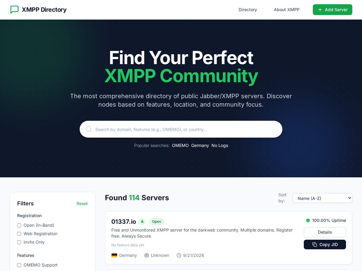 Landing-page snapshot of xmppdirectory.com