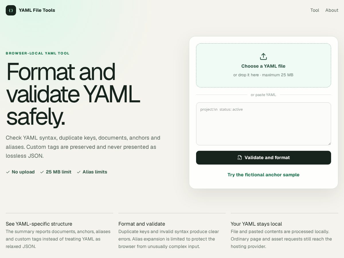 Landing-page snapshot of yamlfile.tools