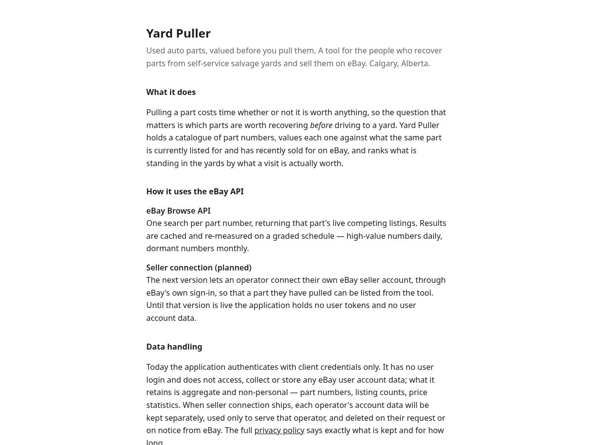 Landing-page snapshot of yardpuller.com