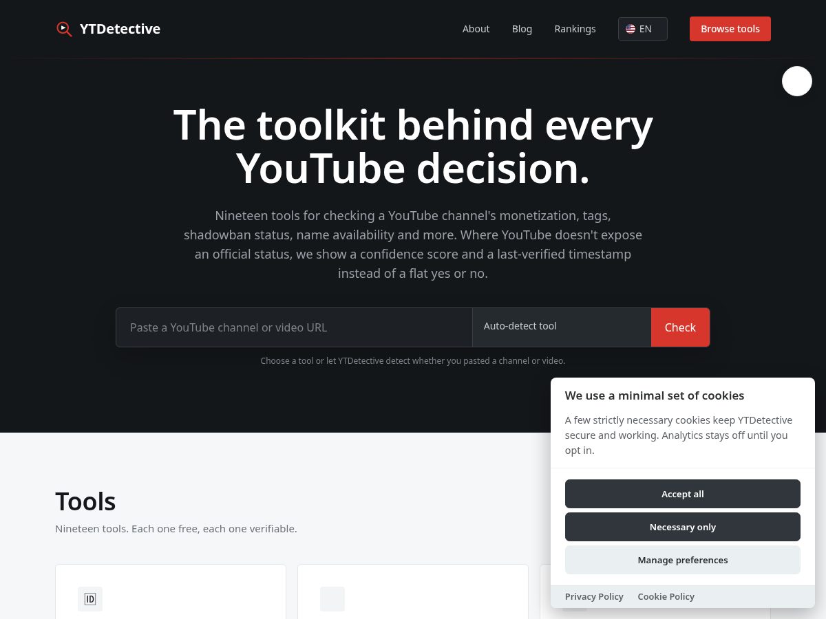 Landing-page snapshot of ytdetective.com