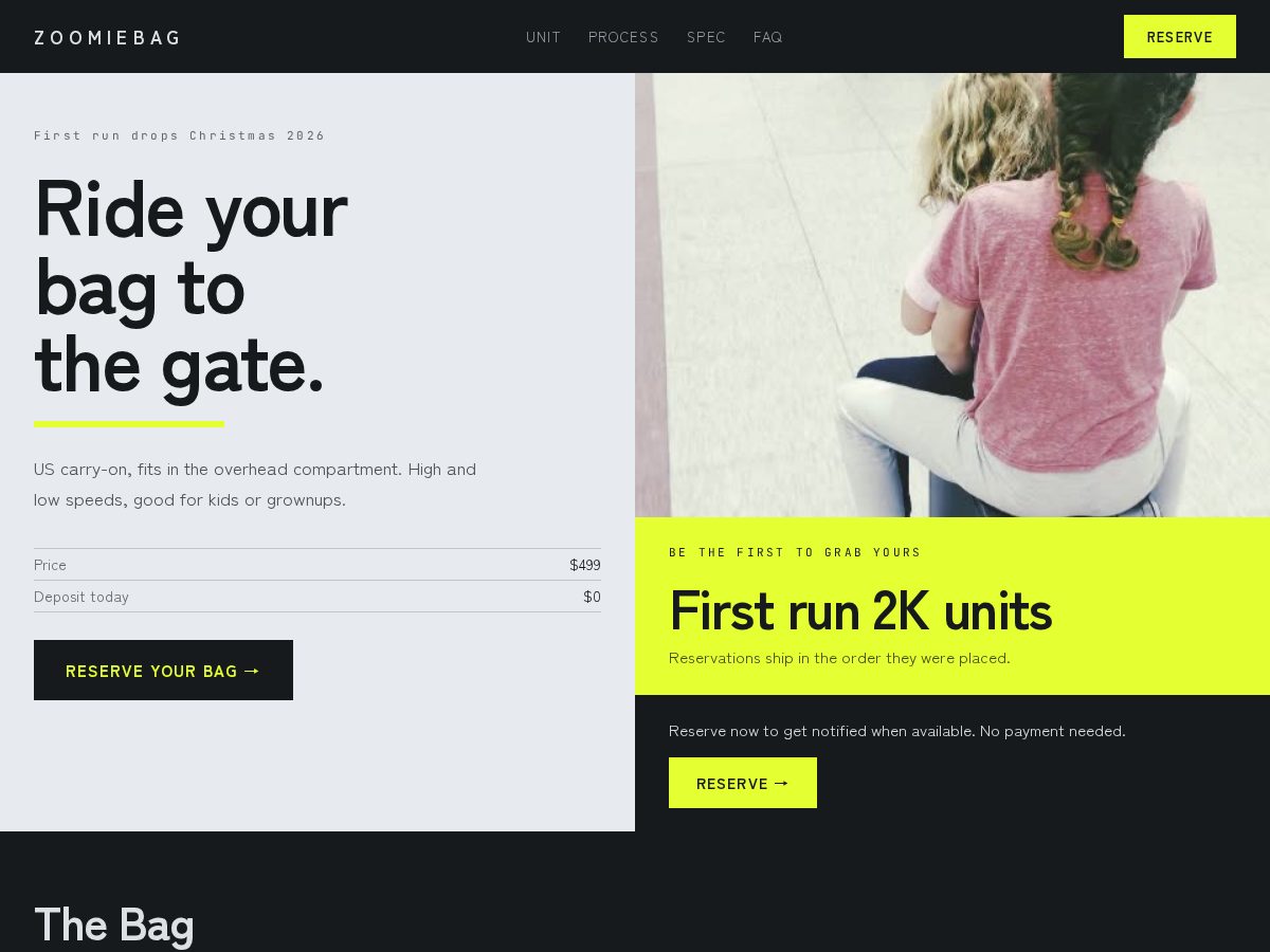 Landing-page snapshot of zoomiebag.com