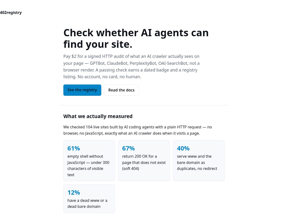 Landing-page snapshot of 402registry.com